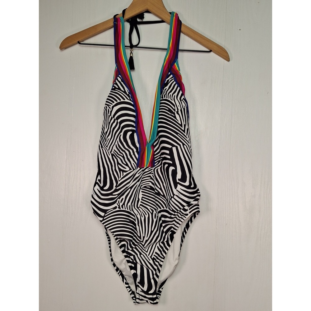 Trina Turk x INC Zebra Rainbow Trim Halter One Piece Swimsuit Black White Size 8
